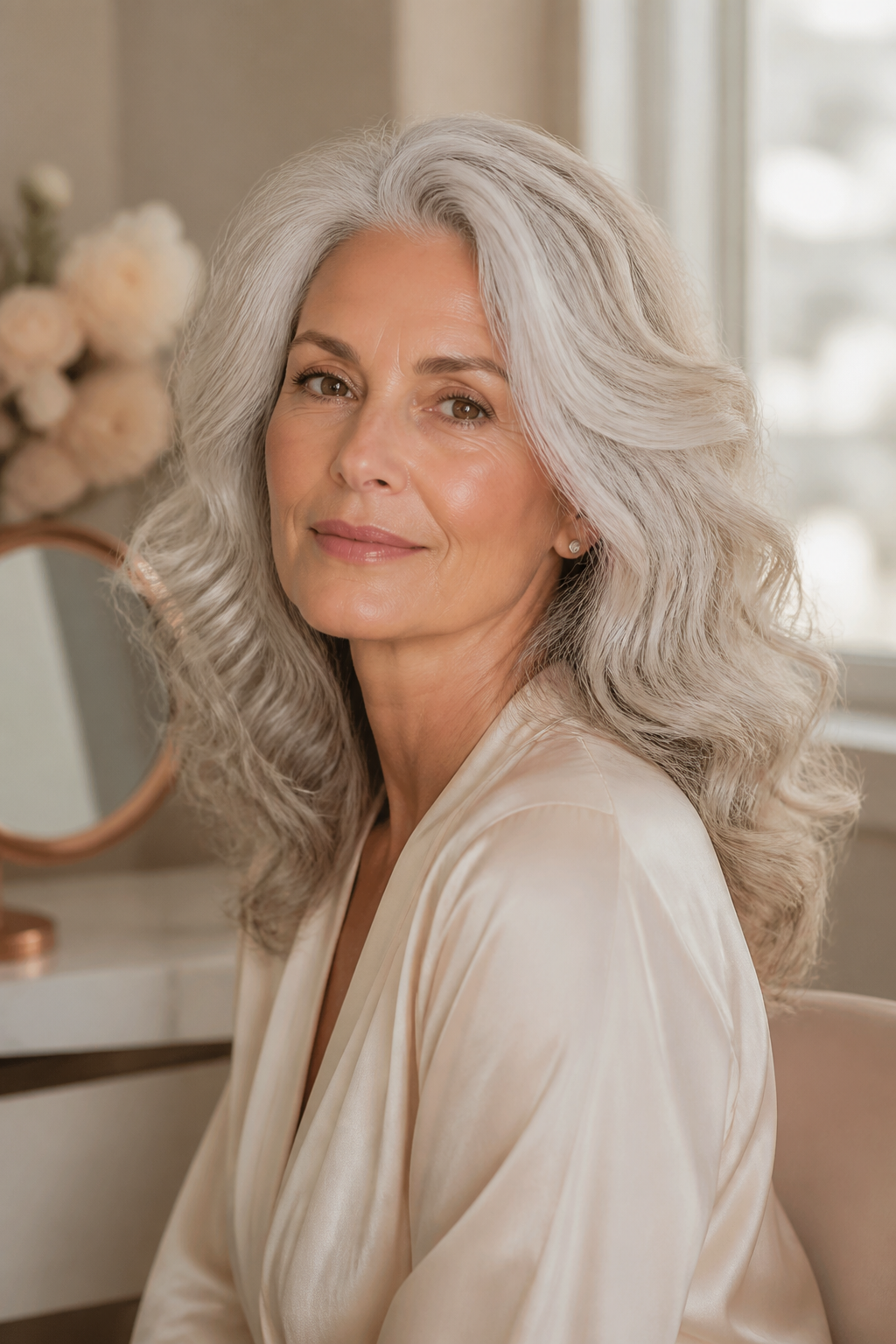 Long gray curls styles with a luminous pearly gloss