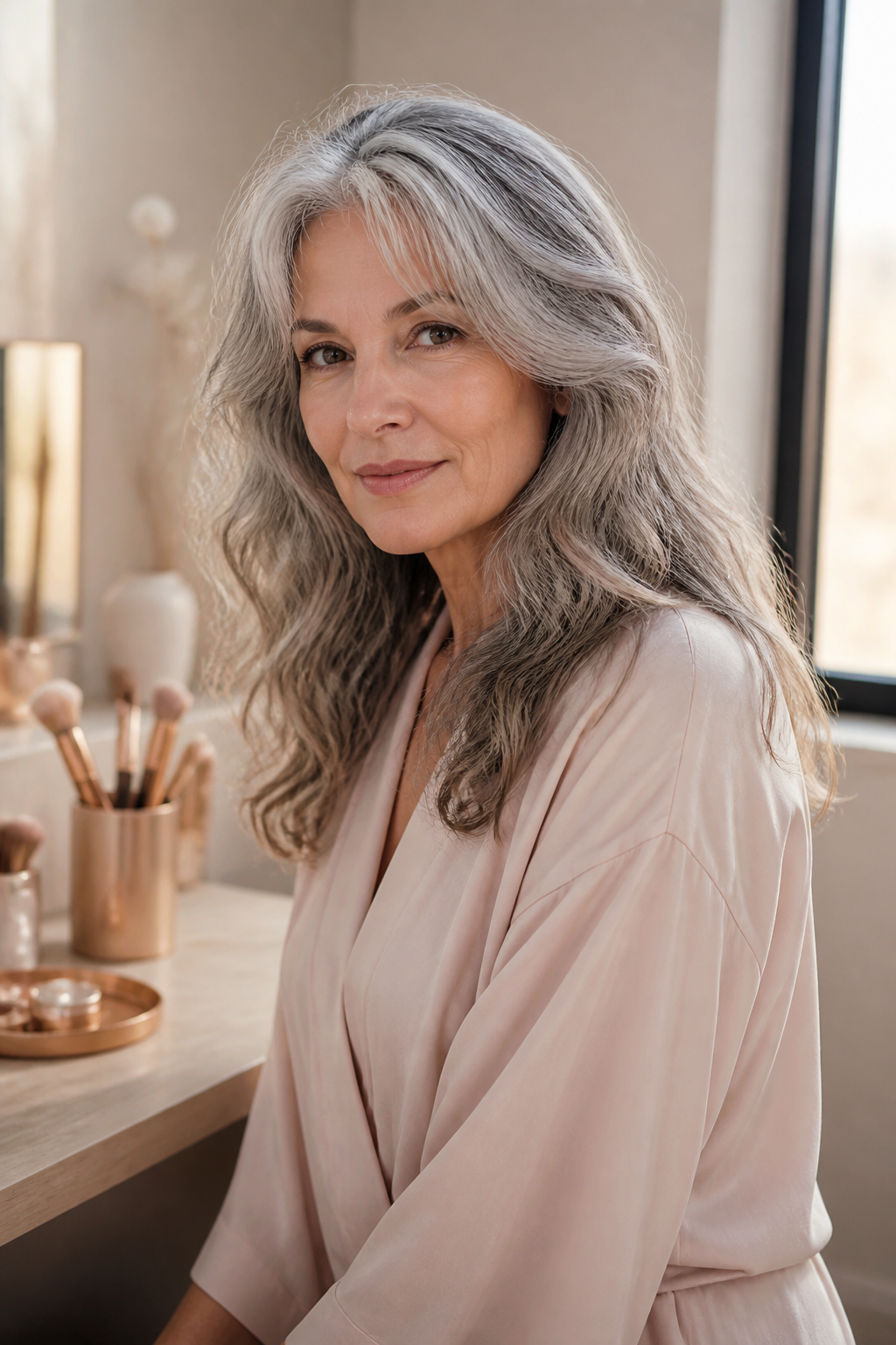 Long silver curls with face-framing curtain bangs