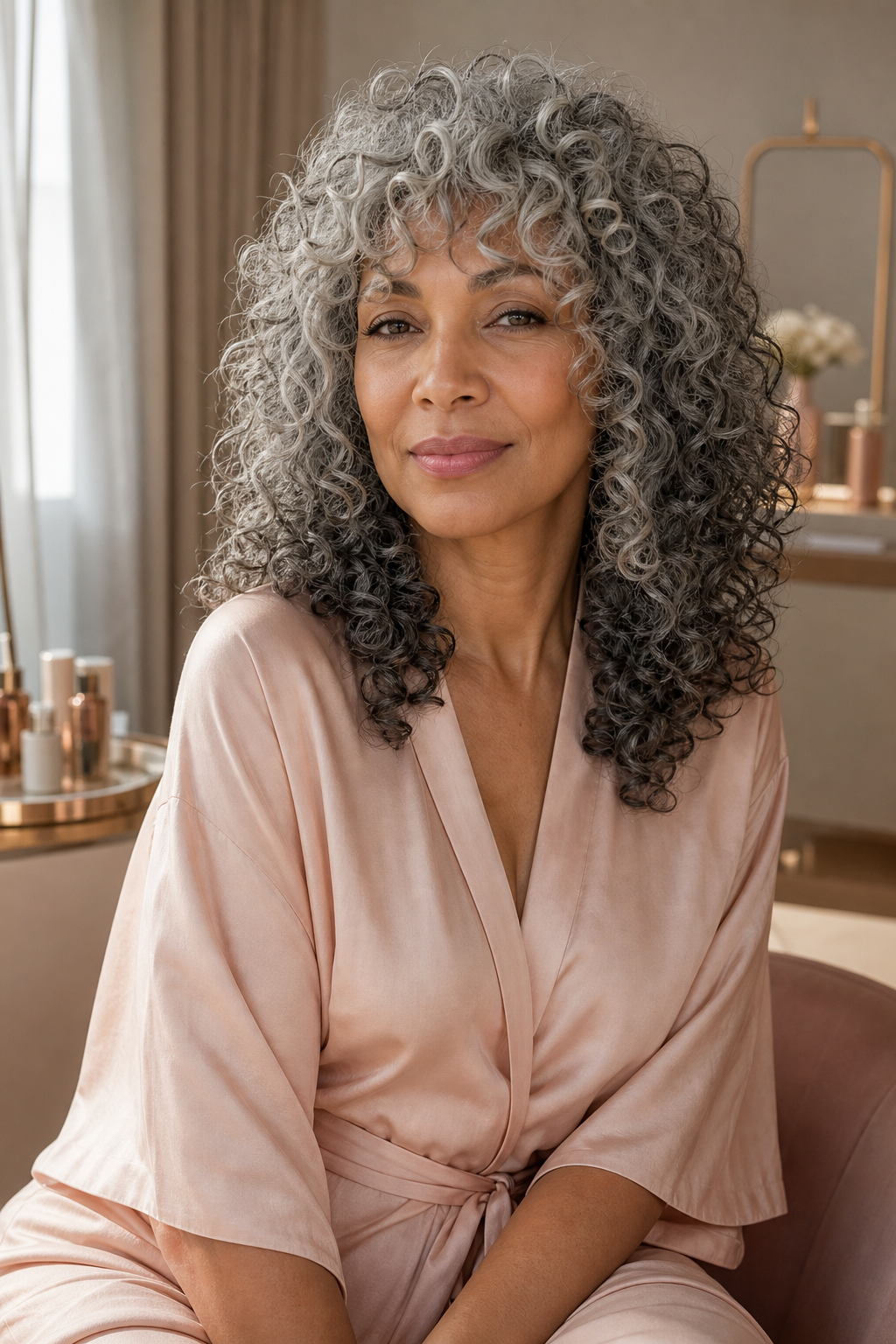 Defined gray coils shaped into a long shag haircut