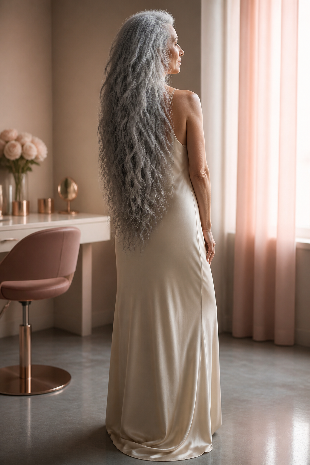 Waist-length gray curls with minimal layering
