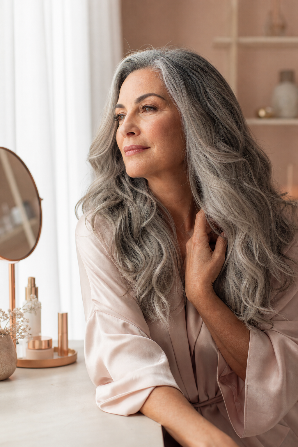 Gray ombre curls transitioning from dark roots to silver lengths