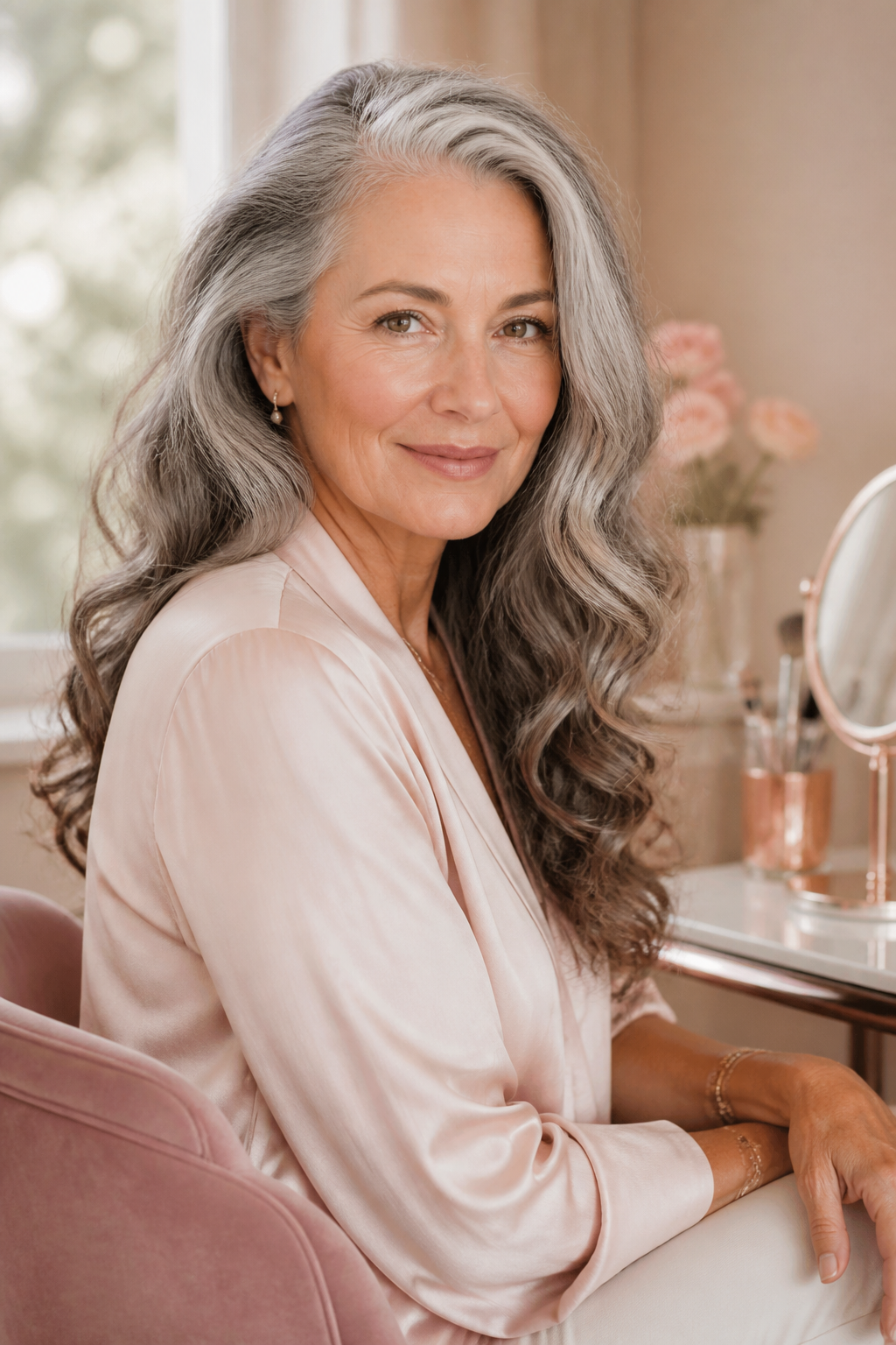 Long gray curls with a side part and crown volume