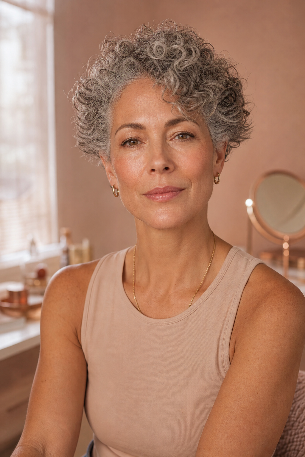 Short naturally curly gray hairstyle shown for length comparison
