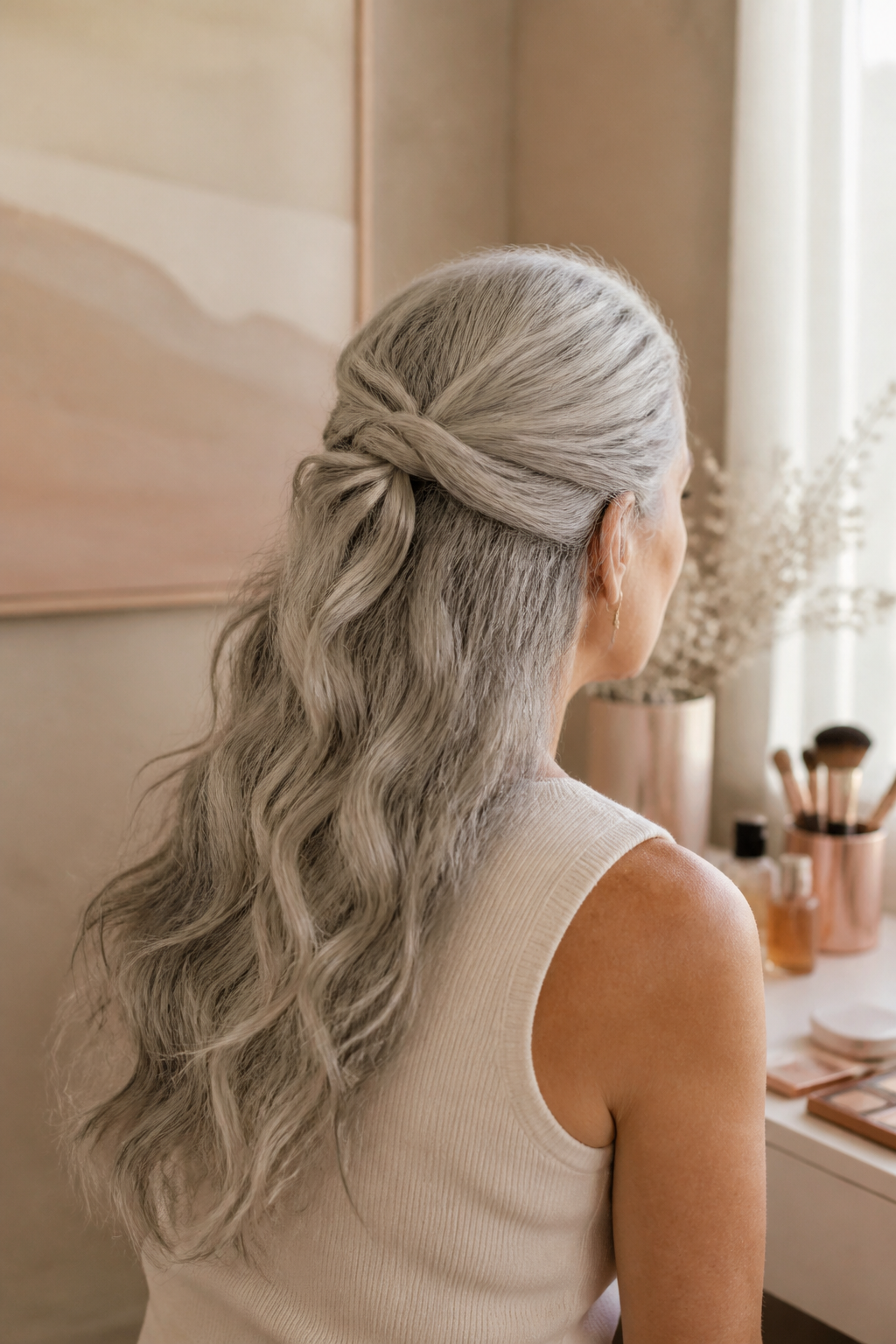 Long gray curls gathered into a half-up twisted knot