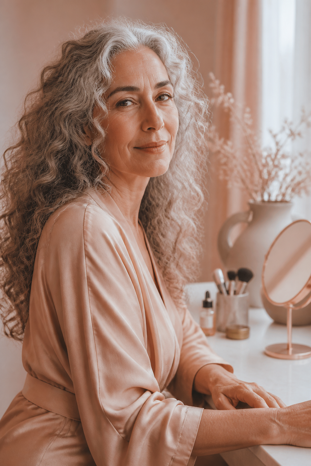 Bohemian long gray curls with loose face-framing tendrils