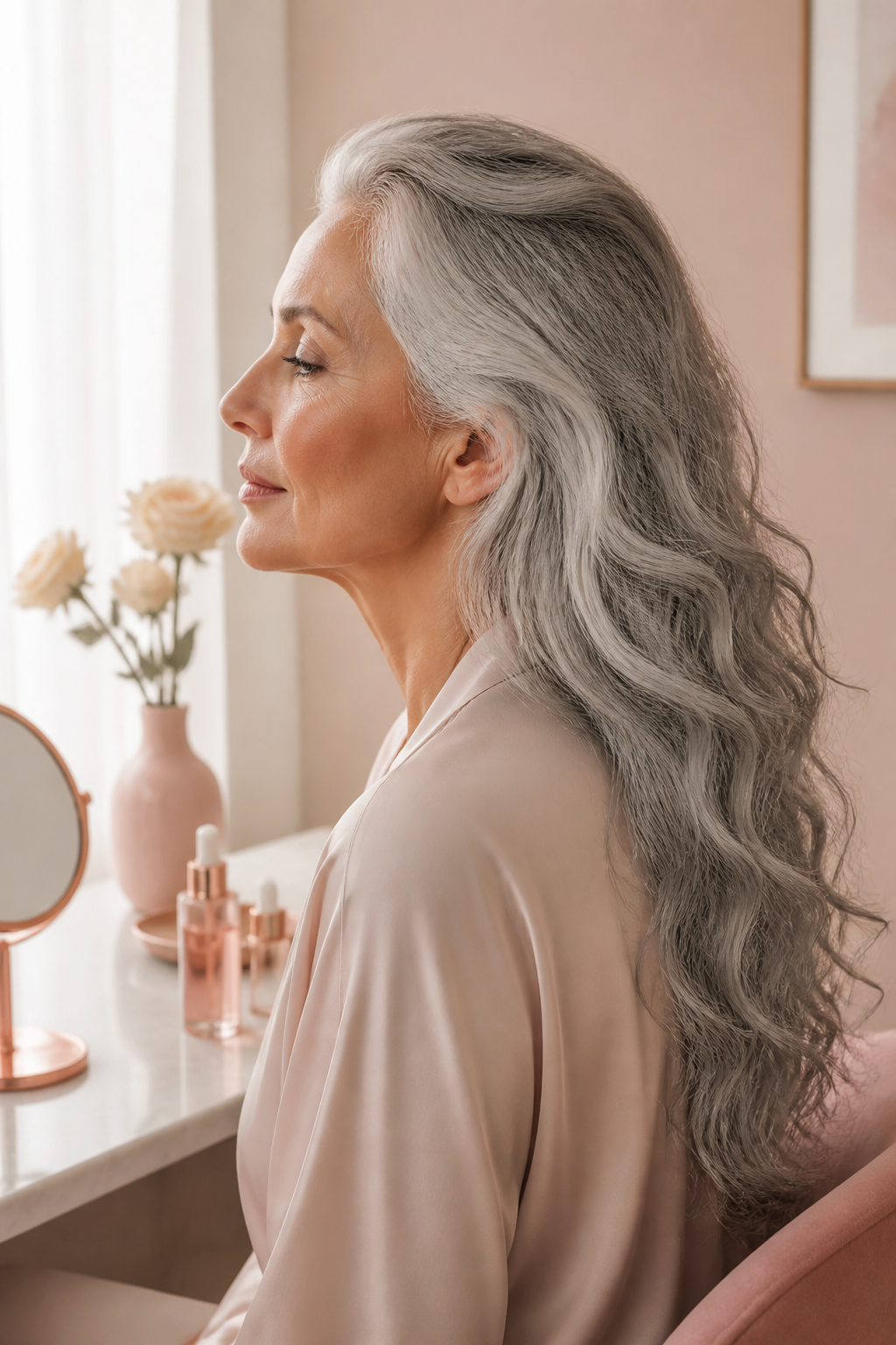 Naturally wavy hair styled as long loose gray waves