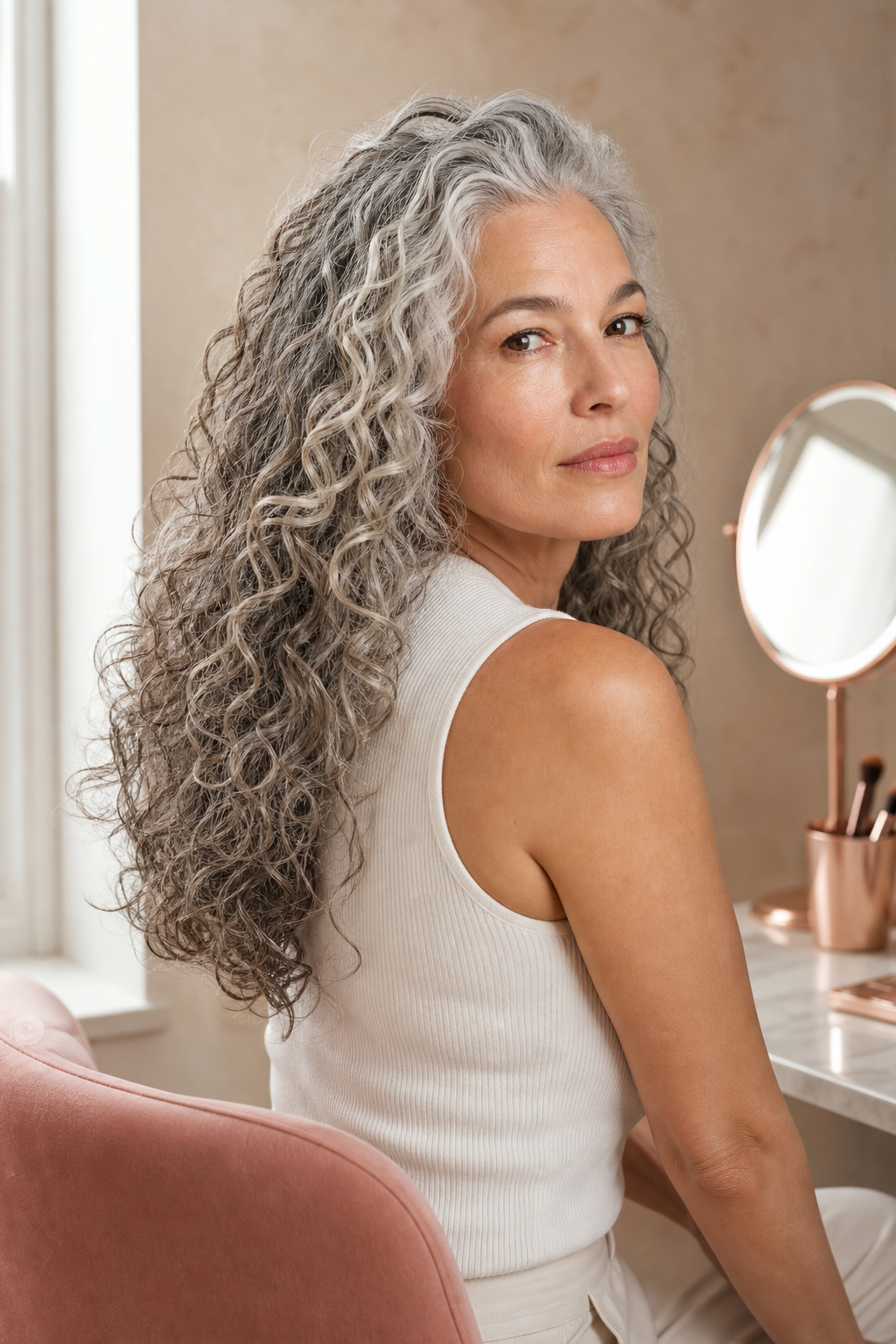 Gray curly hair with subtle dimensional lowlights