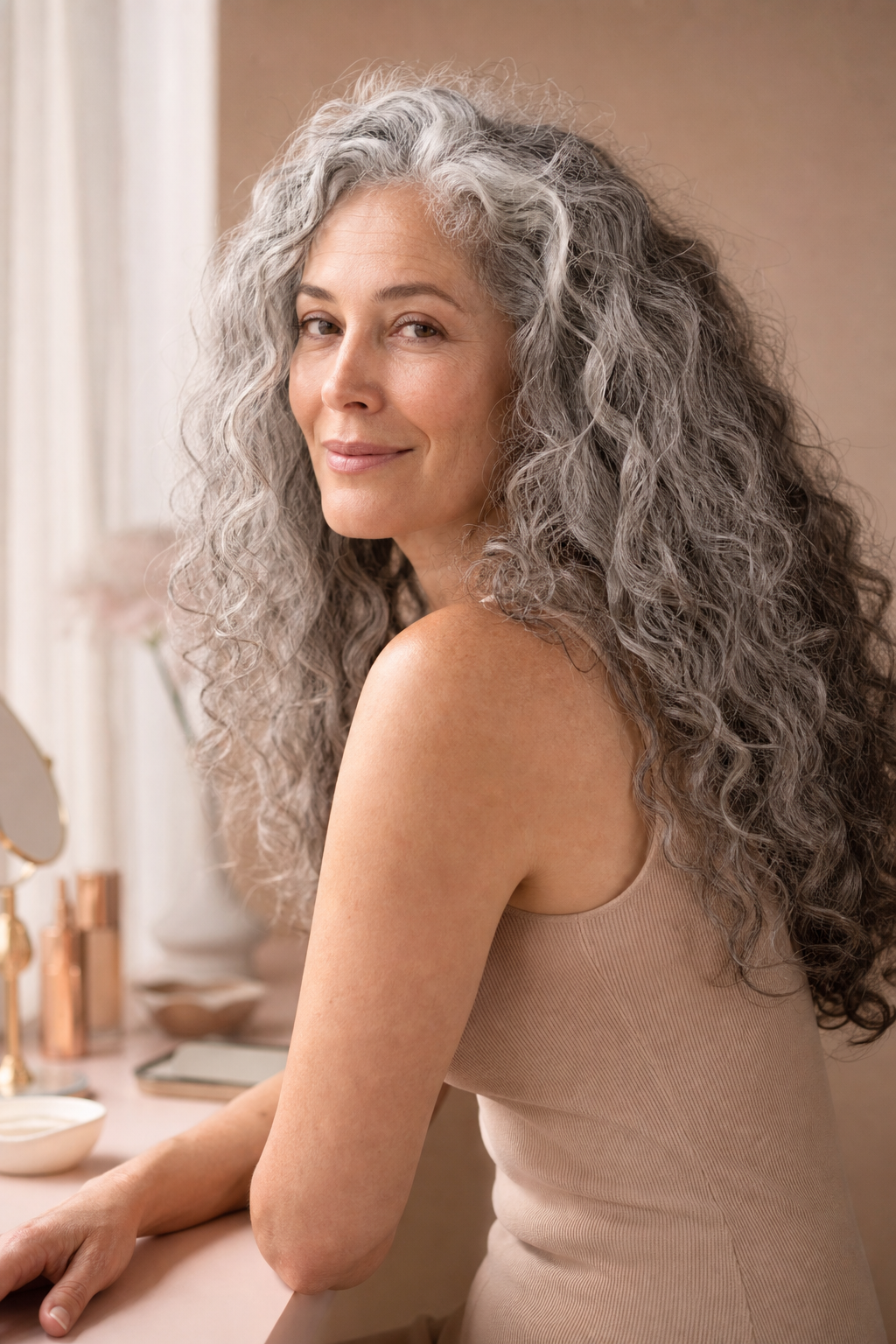 Naturally air-dried long gray curls with honest texture