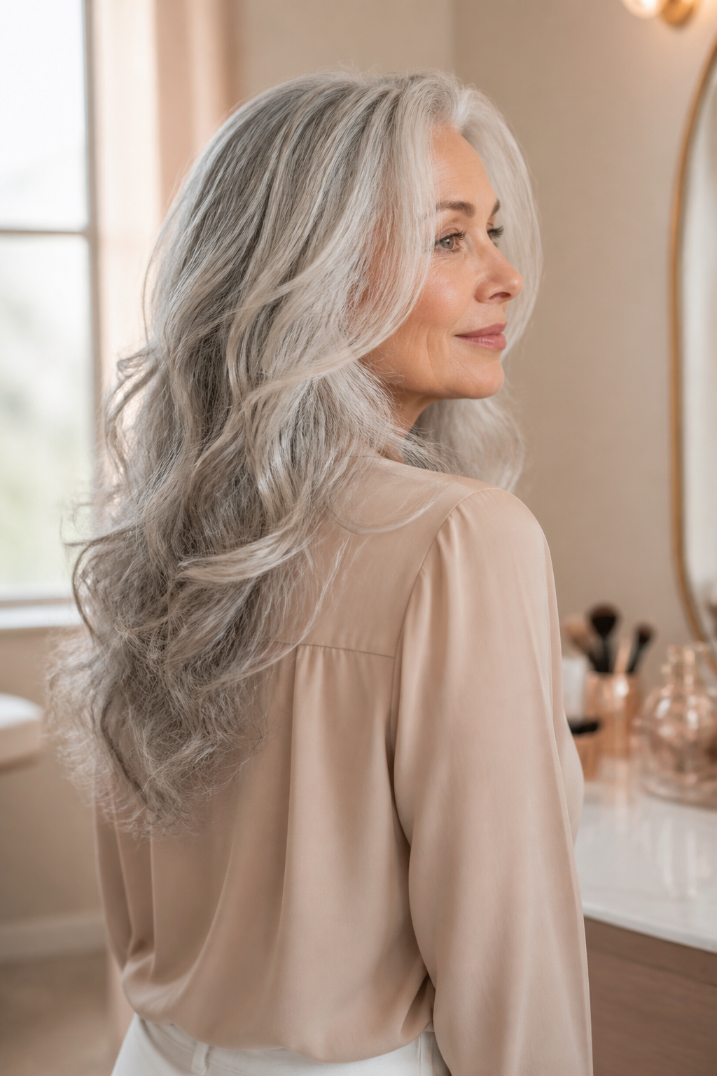 Layered silver curls moving in a soft rear three-quarter view