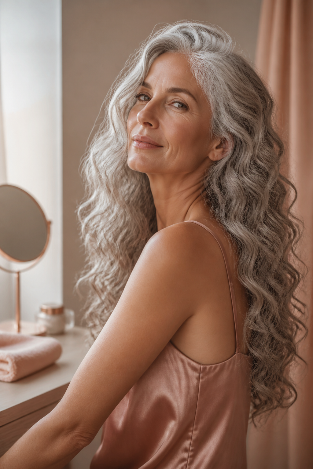 Mature woman with long loose silver ringlets and layered movement