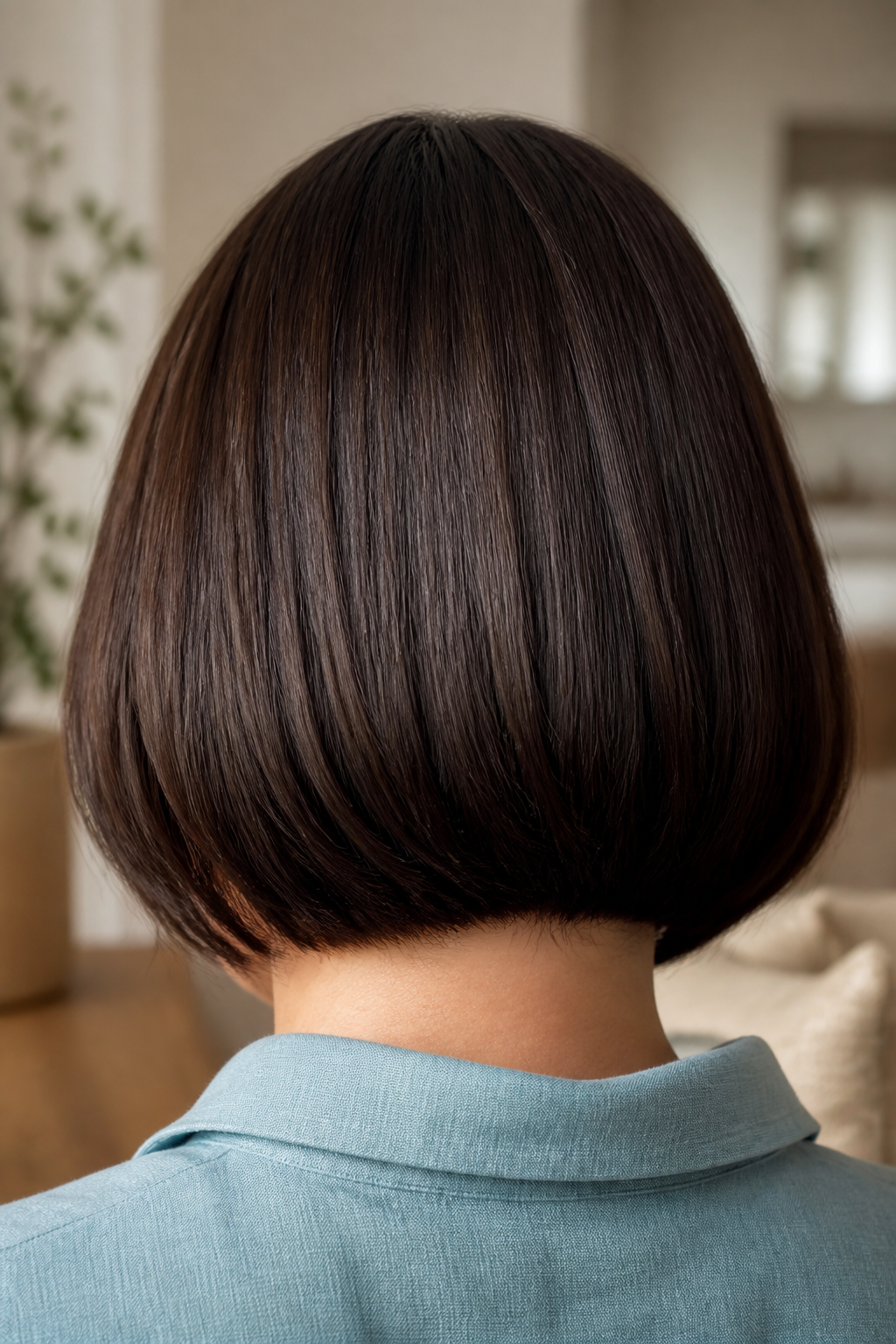 Precise rounded brunette bob shown from the back
