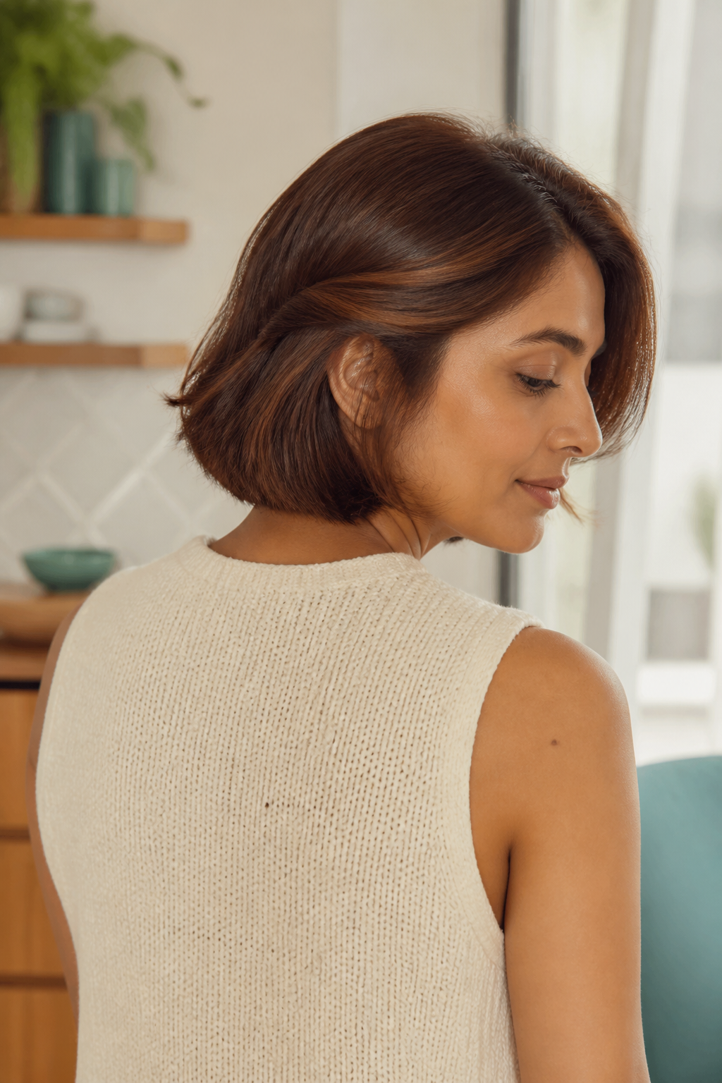 Warm chestnut bob with a soft side tuck viewed over the shoulder