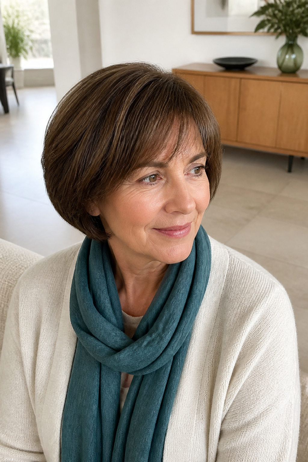 Mature woman with a softly layered brunette and silver mushroom bob