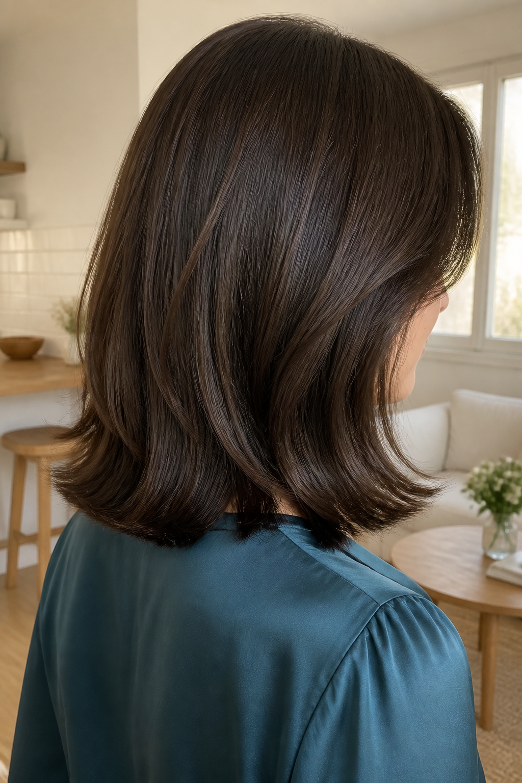 Walnut brunette shoulder bob with softly flipped ends from behind
