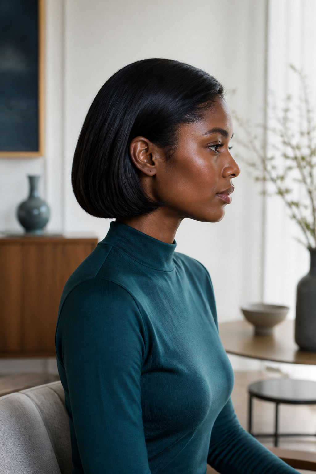 Glossy One Length hairstyle shown in a realistic hair-focused editorial view