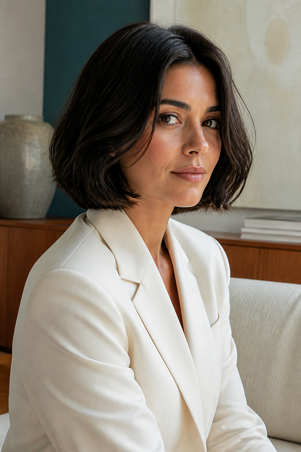 Layered Brunette hairstyle shown in a realistic hair-focused editorial view