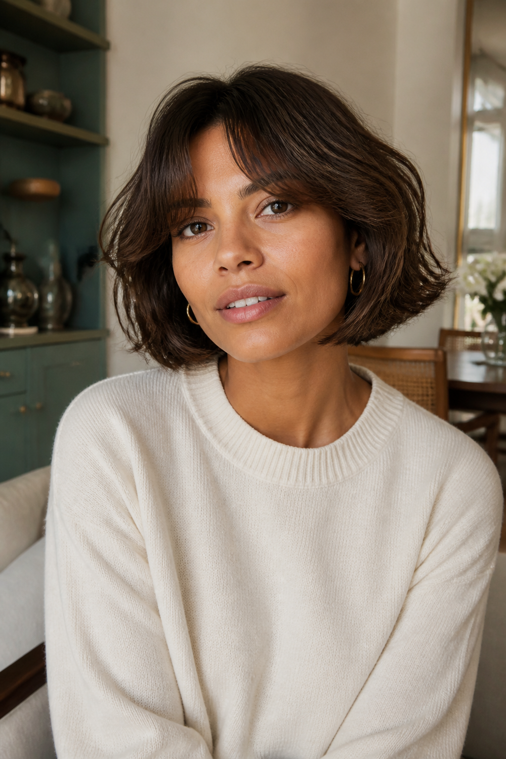Curtain Bang Bob hairstyle shown in a realistic hair-focused editorial view