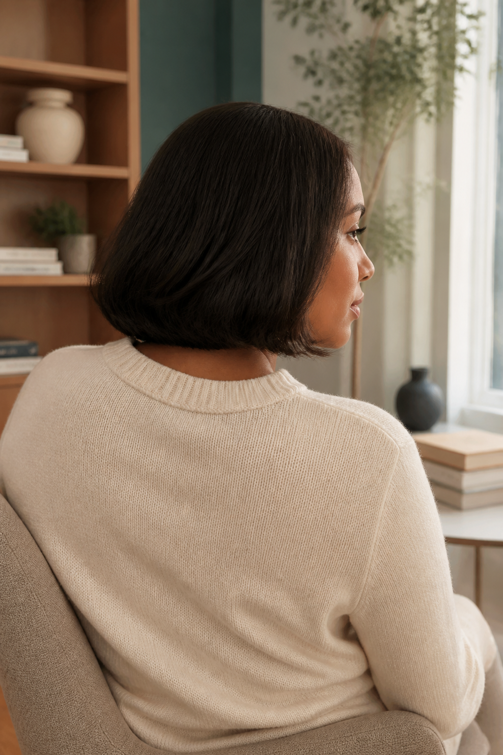 Soft One Length hairstyle shown in a realistic hair-focused editorial view