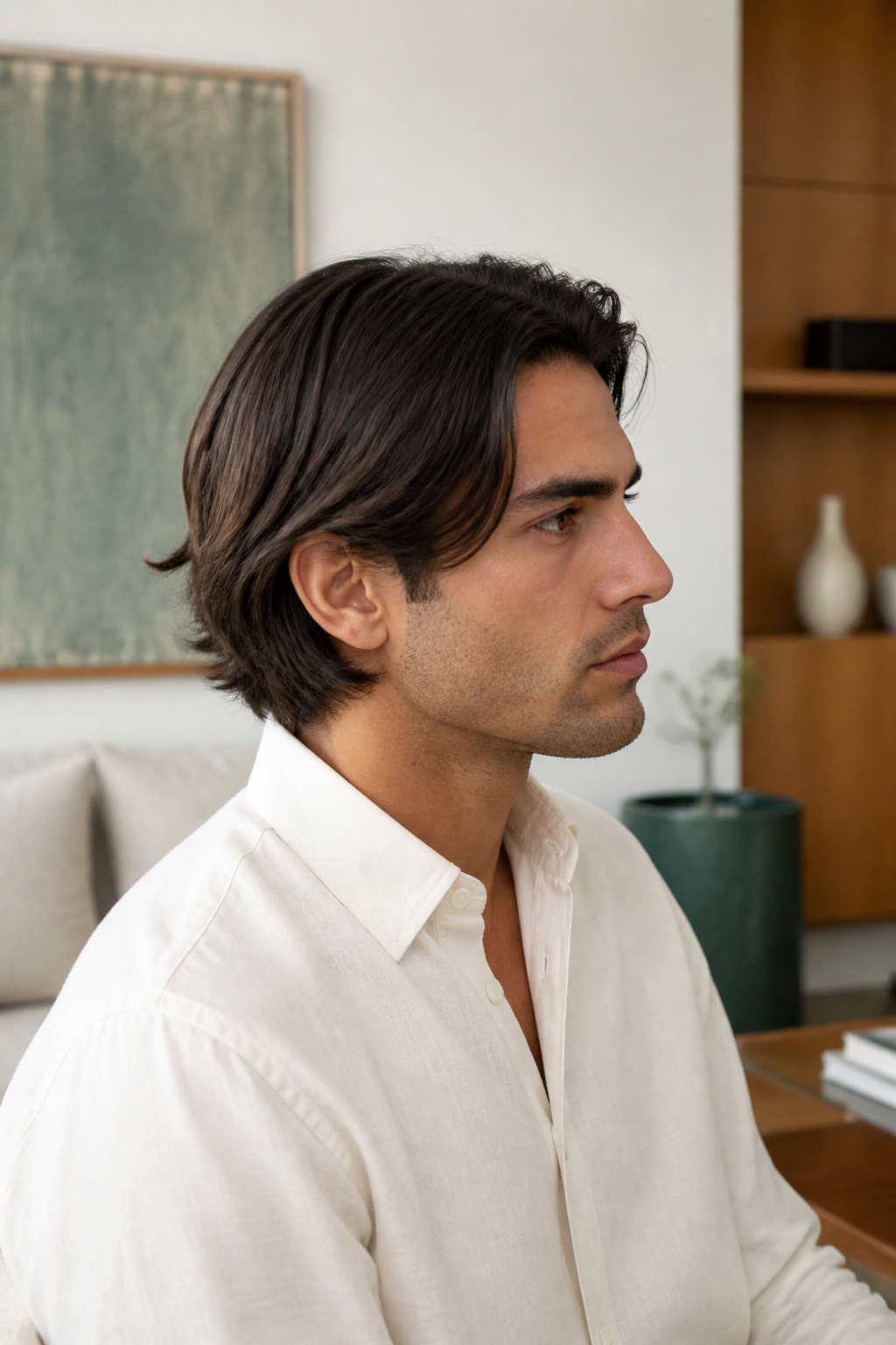 Dark Brunette Side hairstyle shown in a realistic hair-focused editorial view
