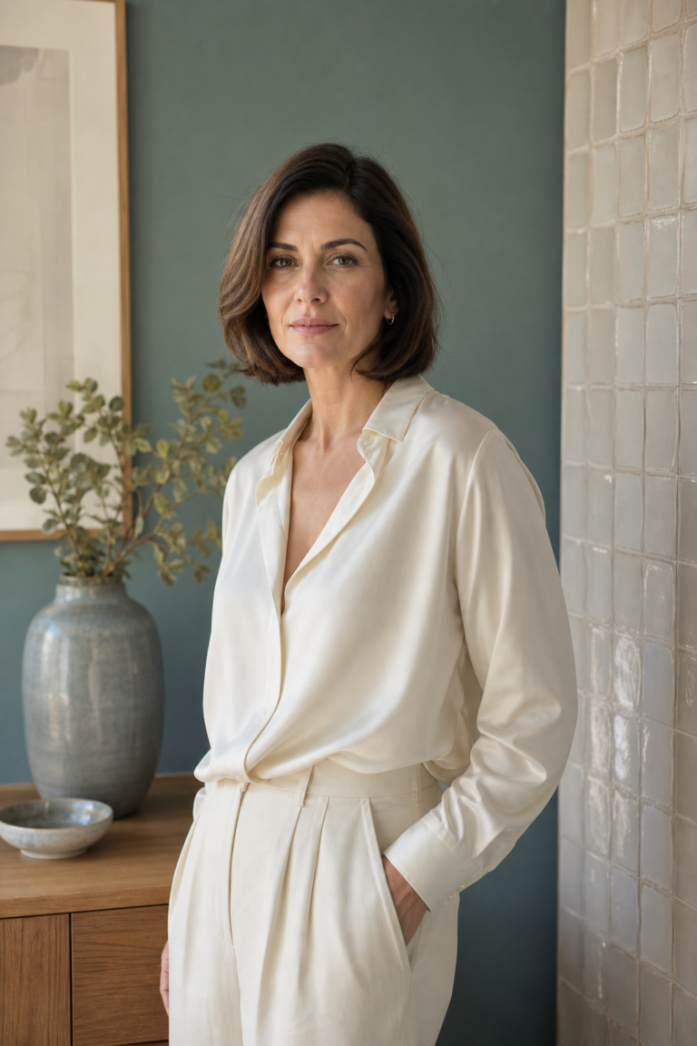 Modern brunette old-money bob in a muted teal and ivory editorial interior