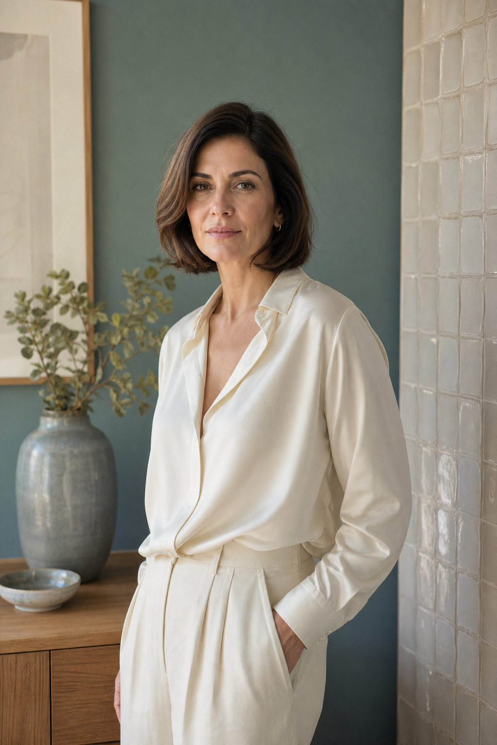 Modern brunette old-money bob in a muted teal and ivory editorial interior