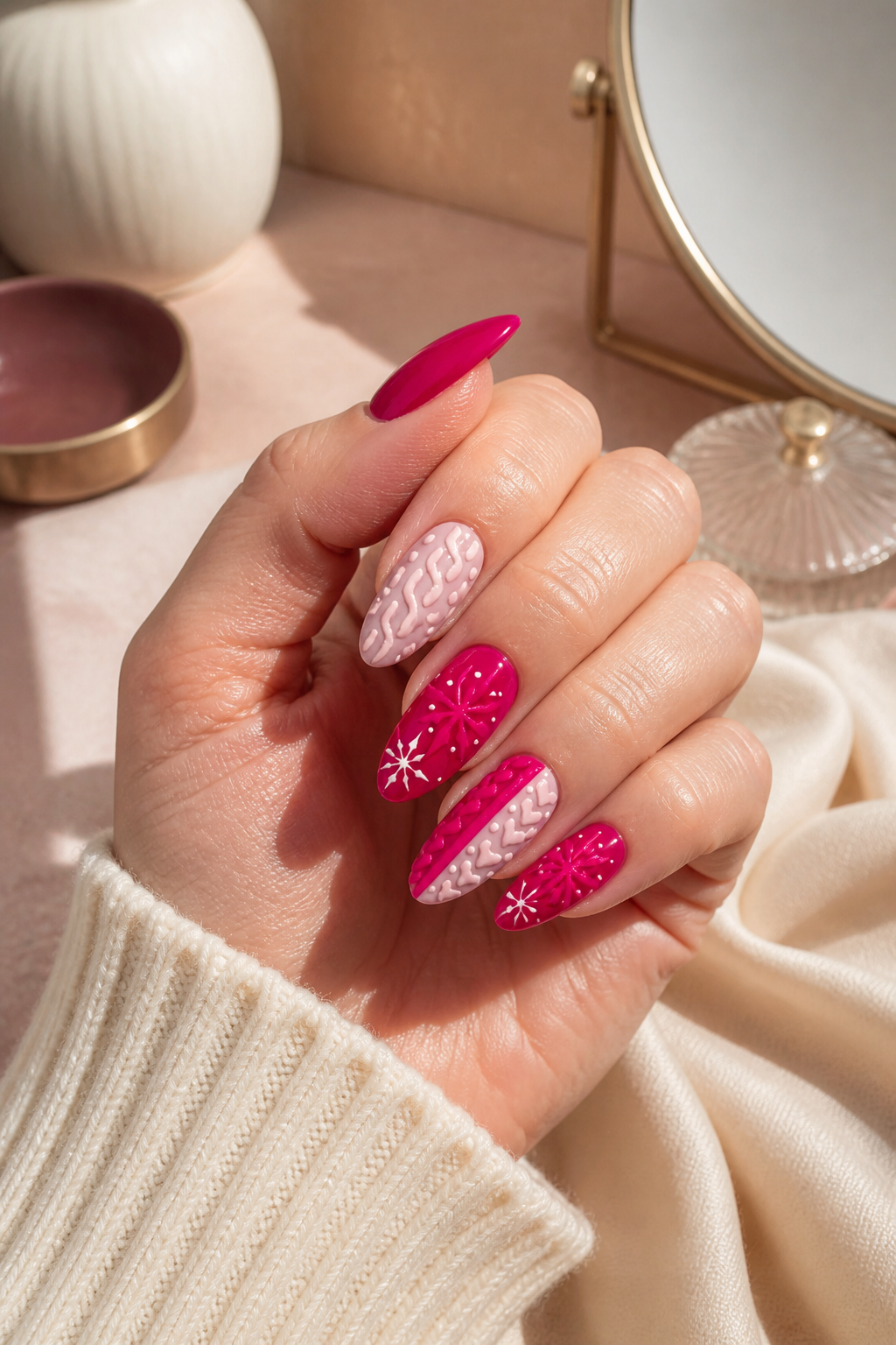 hot pink Christmas nails with sweater texture and snowflakes