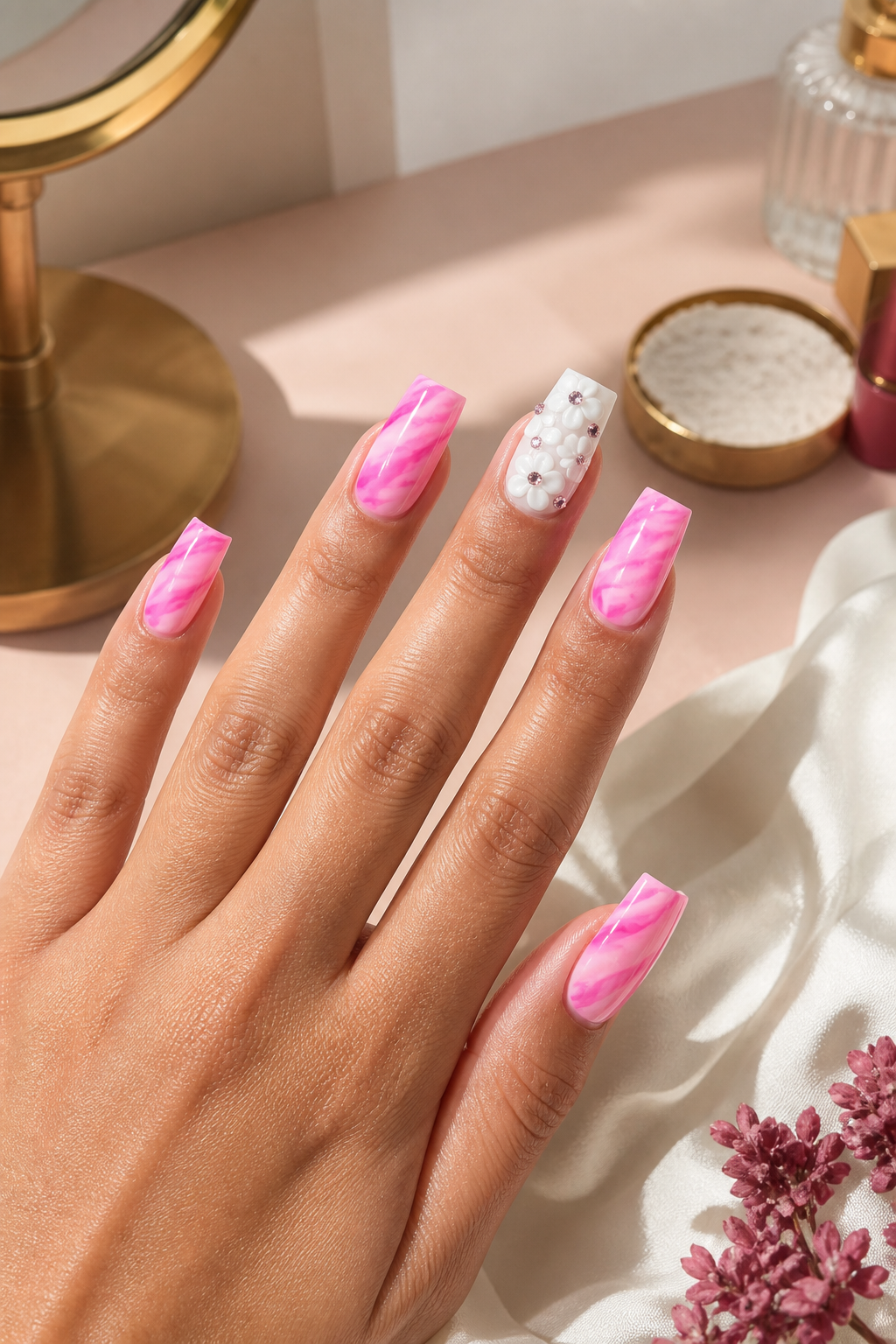 frosted marble pink Christmas nails with white accents
