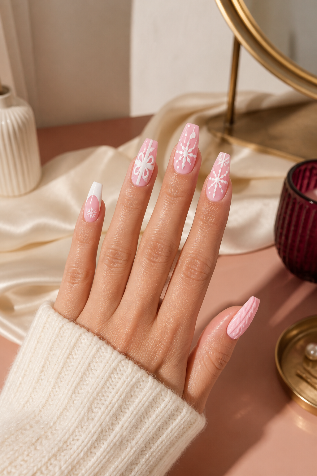 soft pink Christmas nails with white bows and ribbons