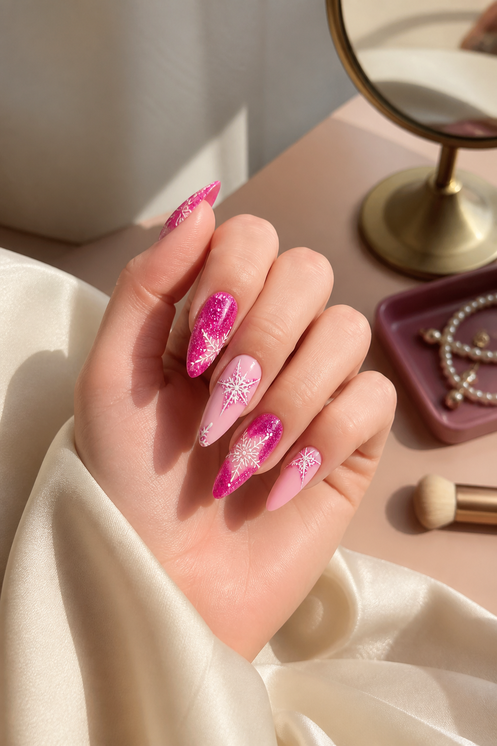 glitter pink Christmas nails with delicate white snowflakes