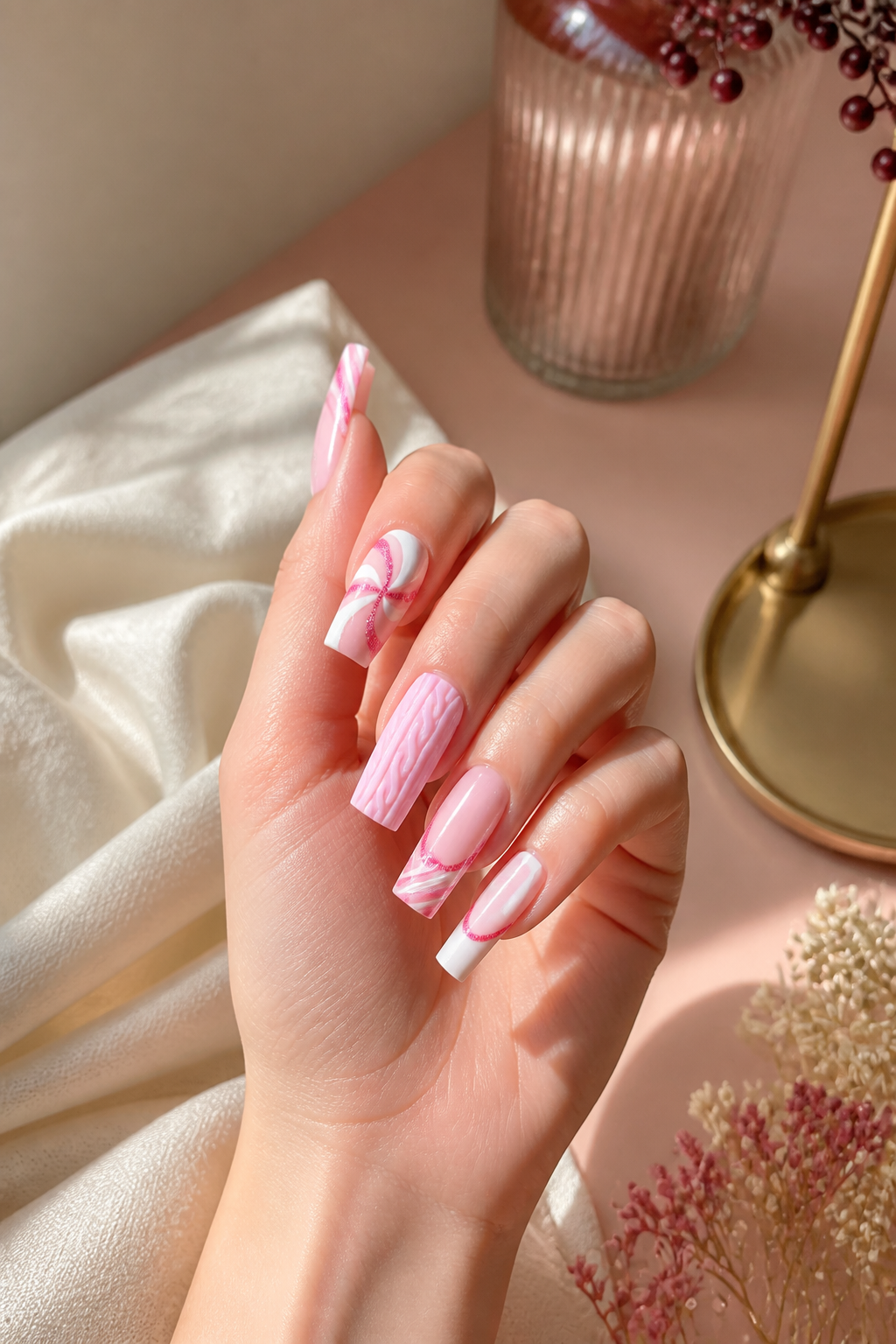 pastel pink Christmas nails with candy cane and knit details