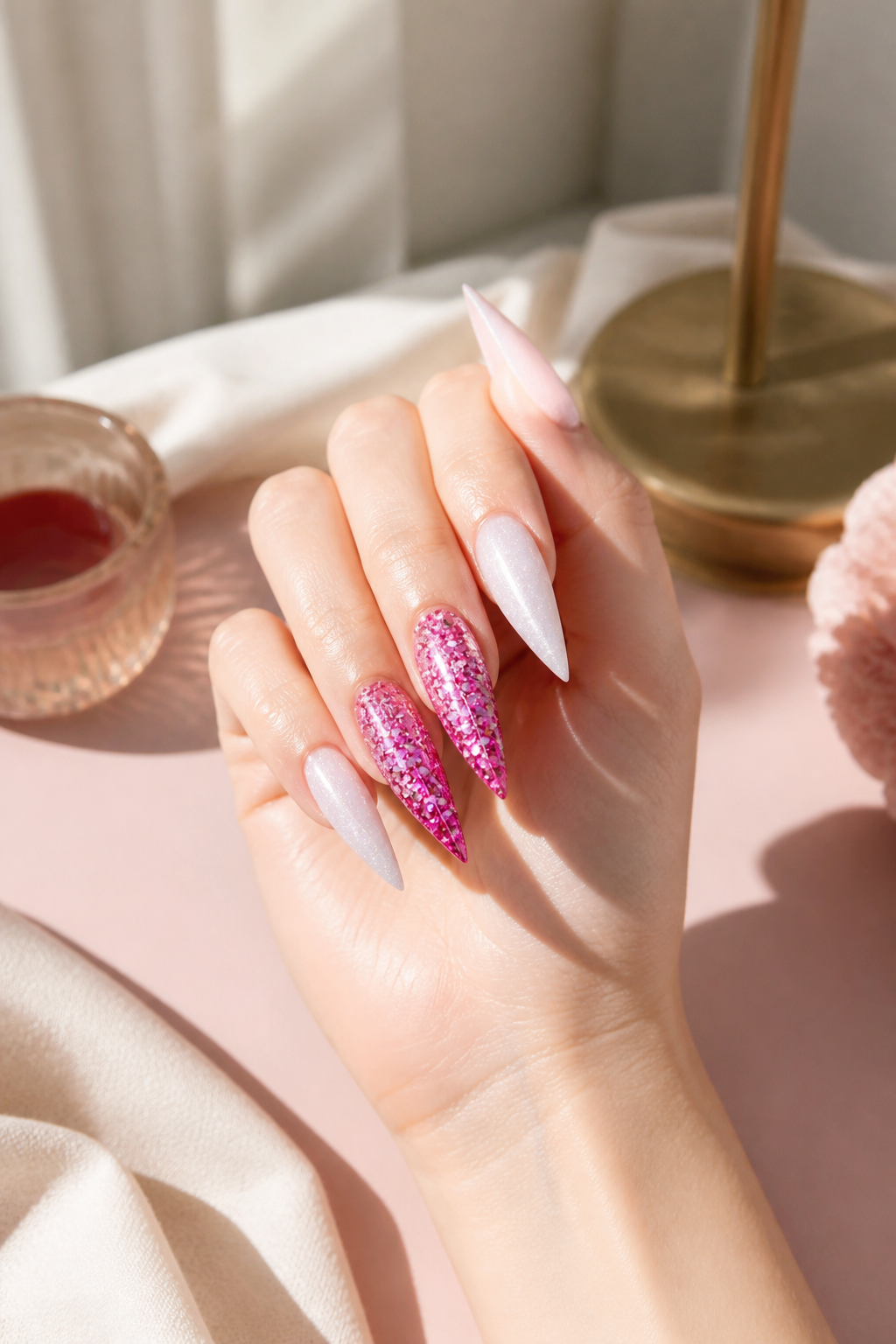 pink Christmas nails with silver glitter frost ombre