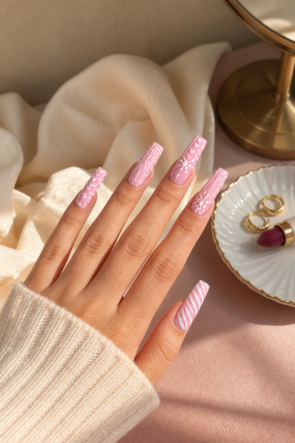 cozy pink Christmas nails with sweater texture and stripes