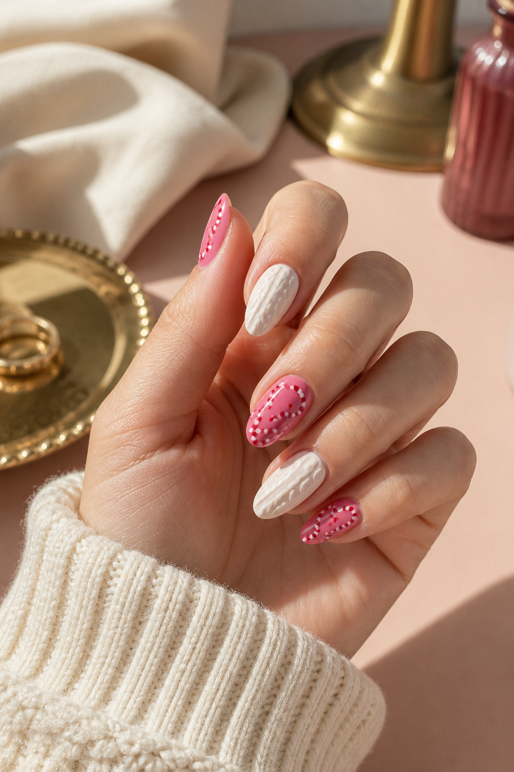 short pink Christmas nails with peppermint dots and cream knit texture