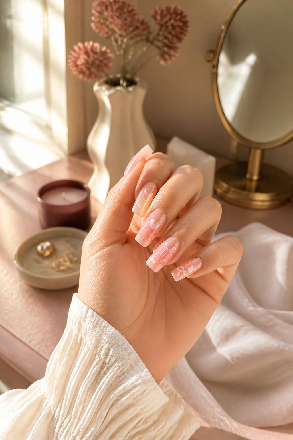 sheer blush pink Christmas nails with white ribbon lines