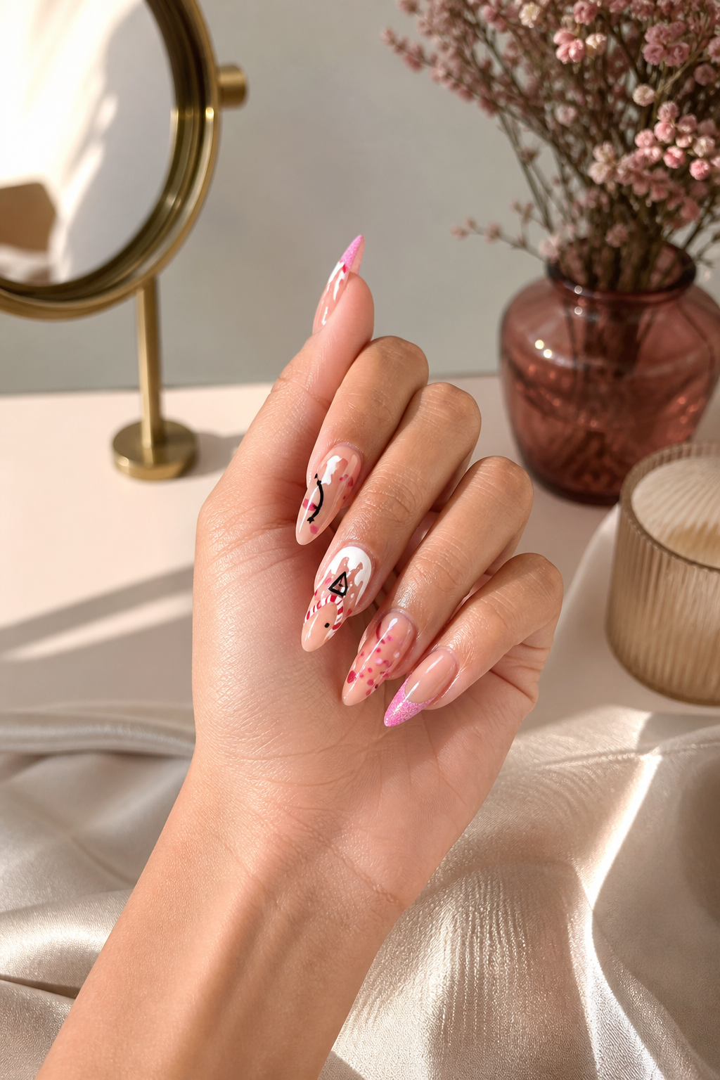 glossy pink Christmas nails with candy swirls and glitter