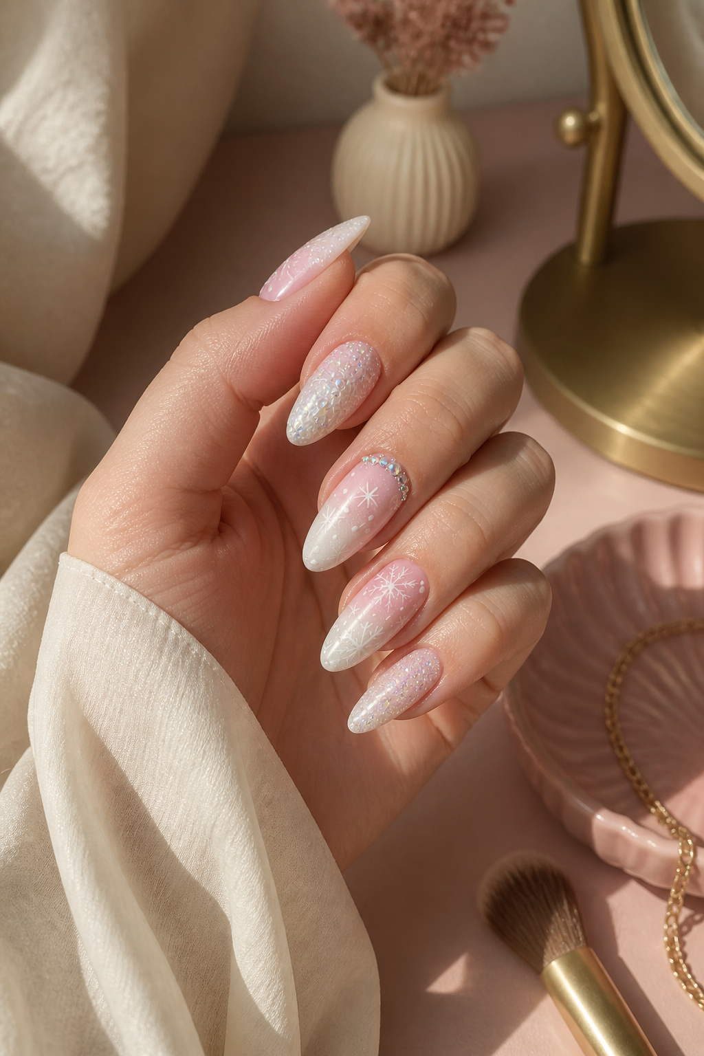 icy ombre pink Christmas nails with snowflakes and crystals