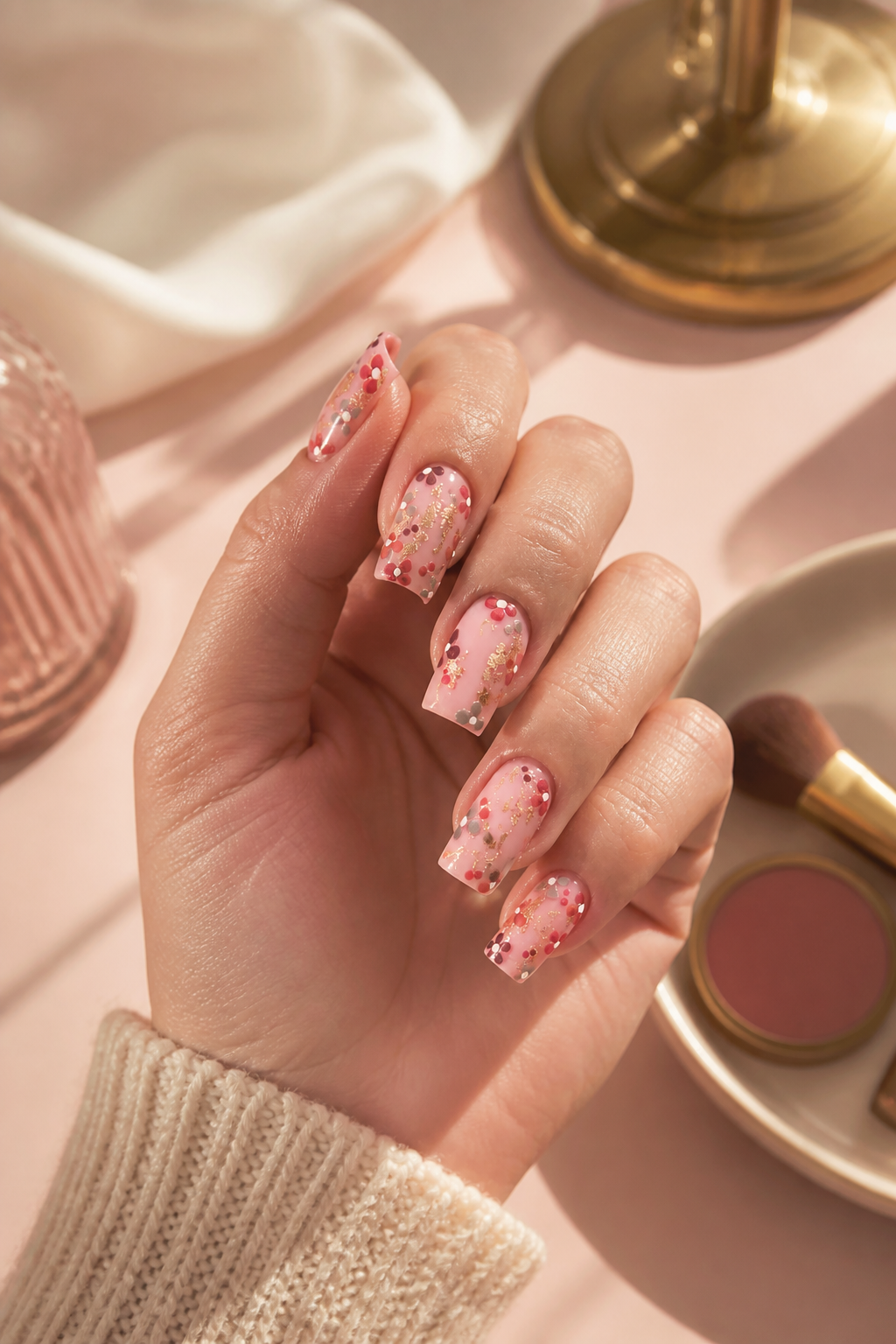 confetti pink Christmas nails with red and gold sparkle