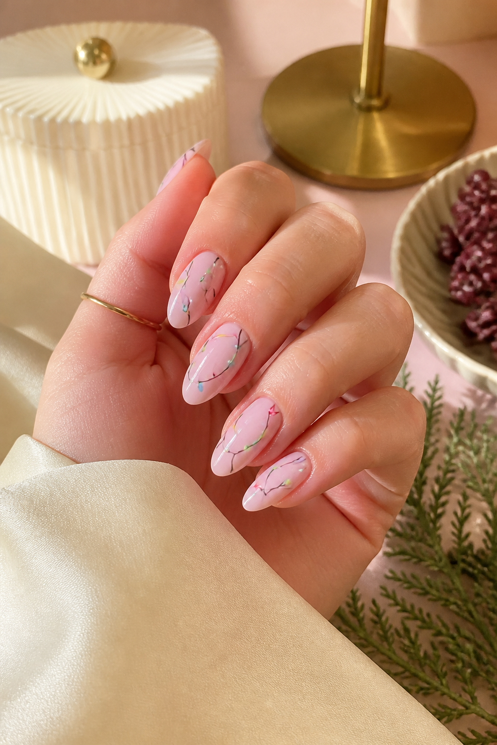 soft pink Christmas nails with hand painted holiday lights
