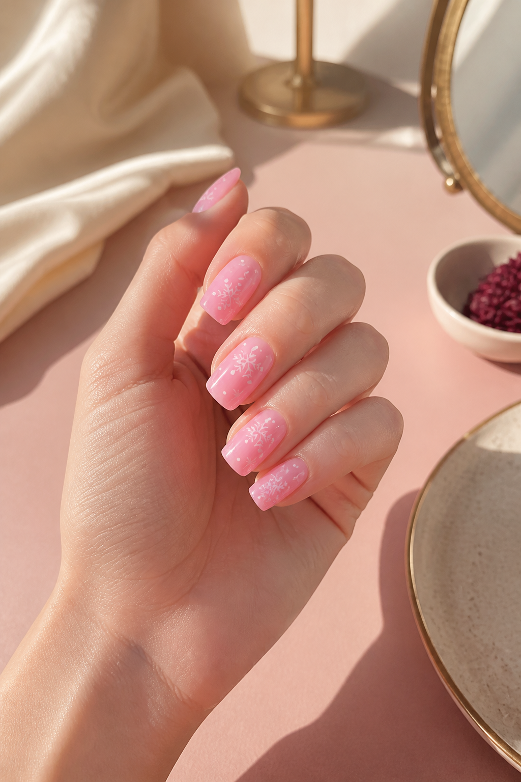 snowy light pink Christmas nails with white snowflakes
