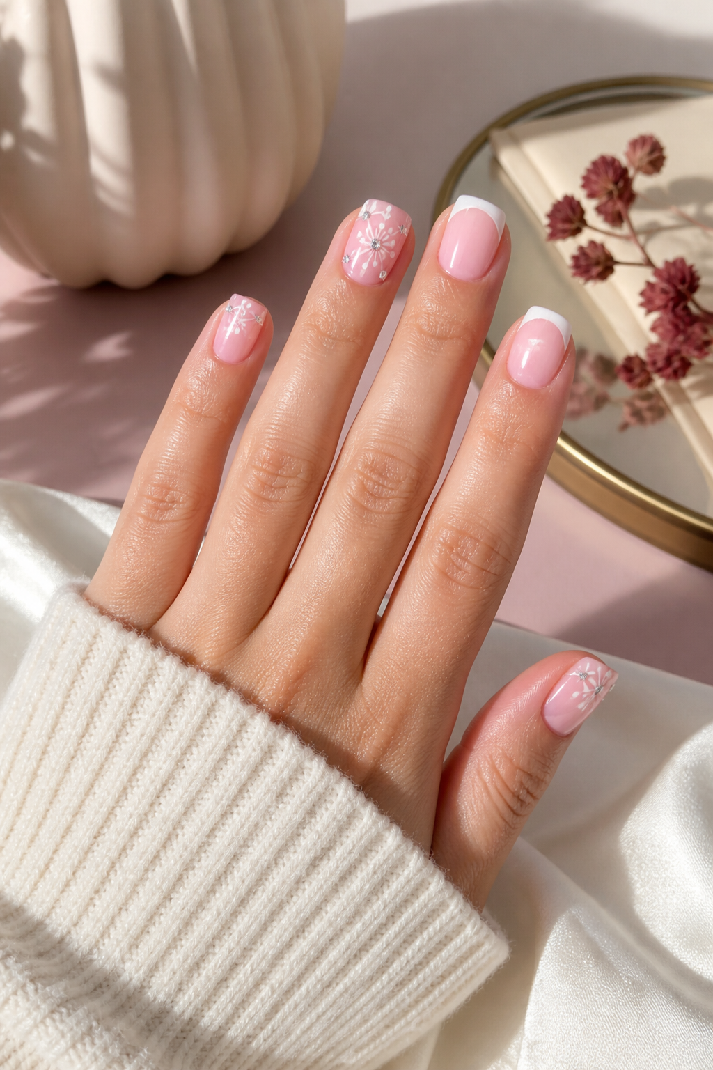 frosted French pink Christmas nails with glitter and crystals