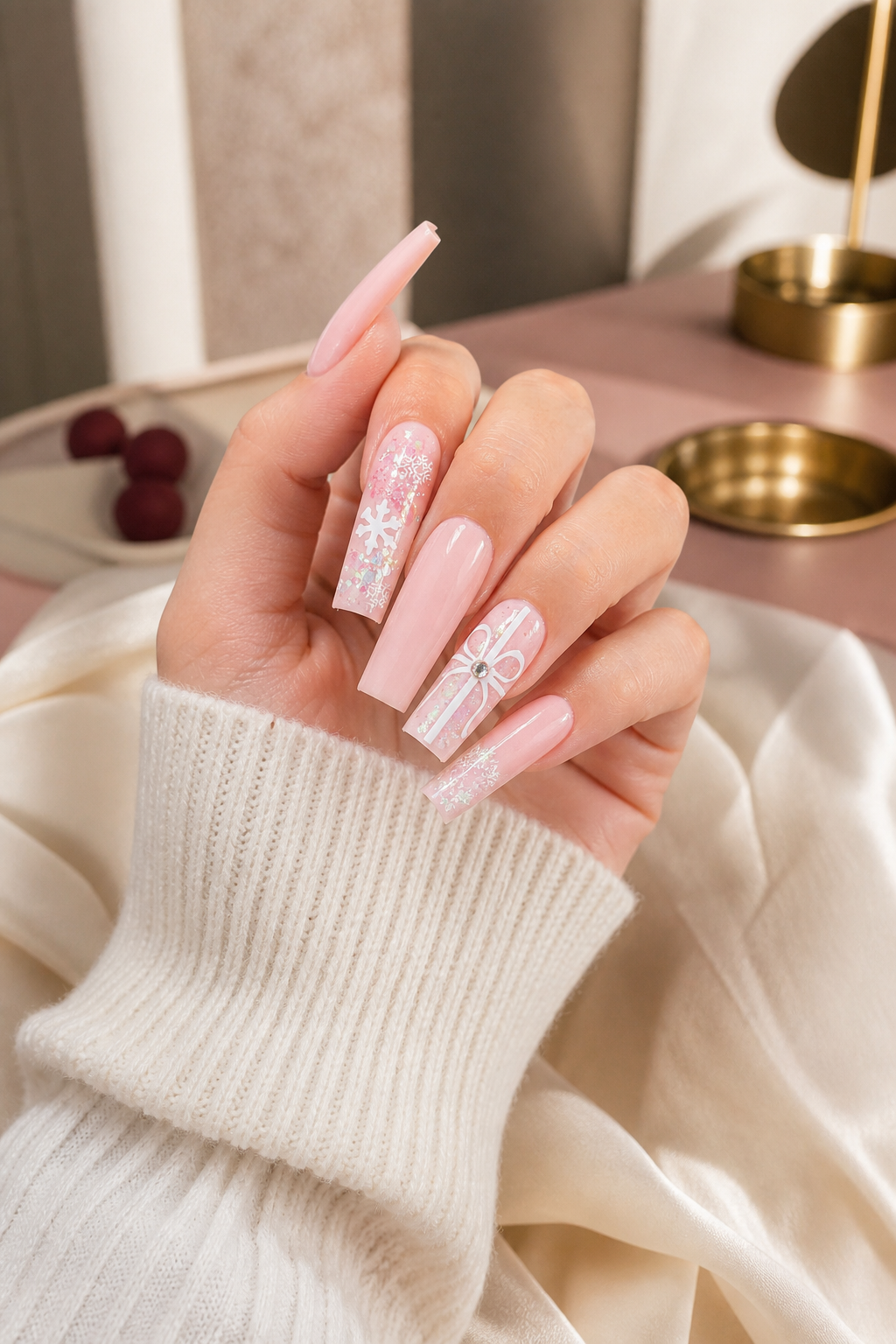 frosted blush pink Christmas nails with gift bows and snowflakes