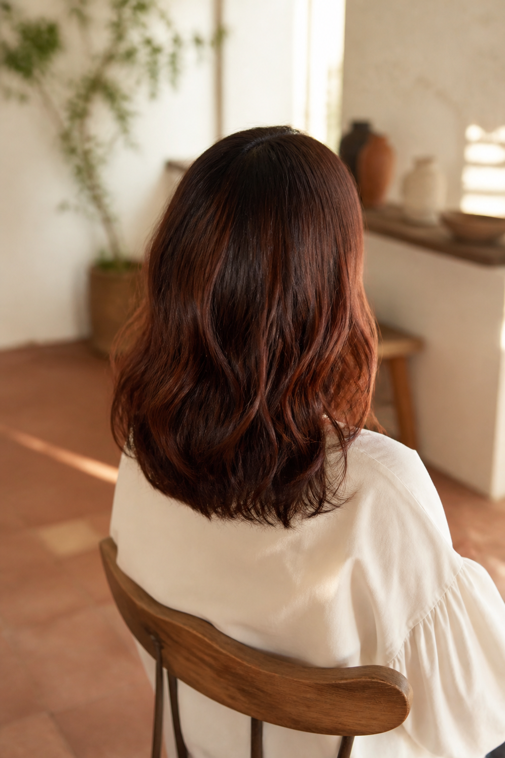 Shoulder-length mahogany auburn waves with cinnamon highlights