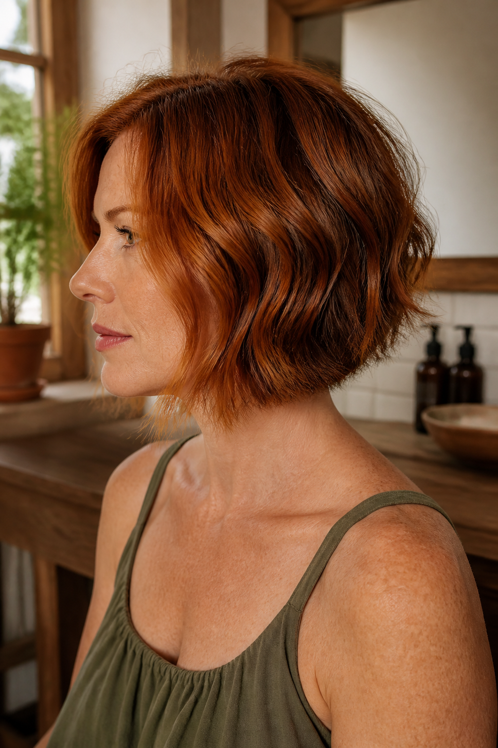 Copper auburn wavy bob with darker lowlights