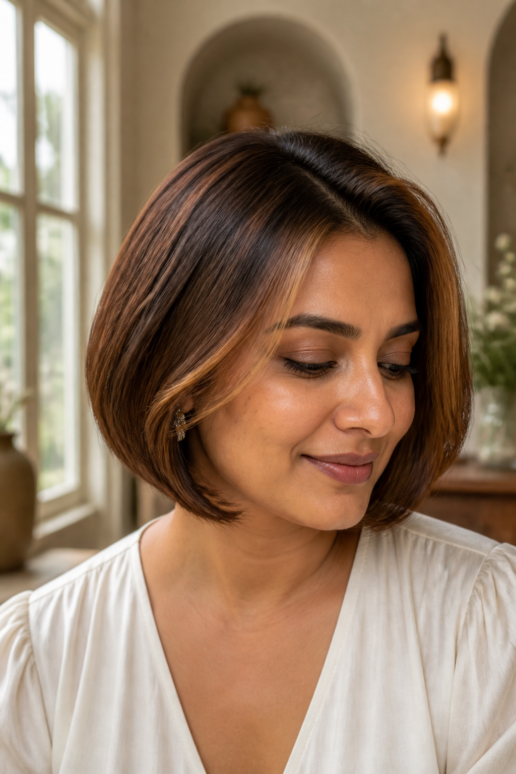 Chestnut auburn bob with amber face framing