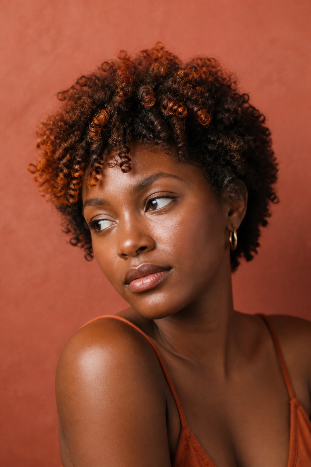 Short natural coils with ginger-spice auburn tips
