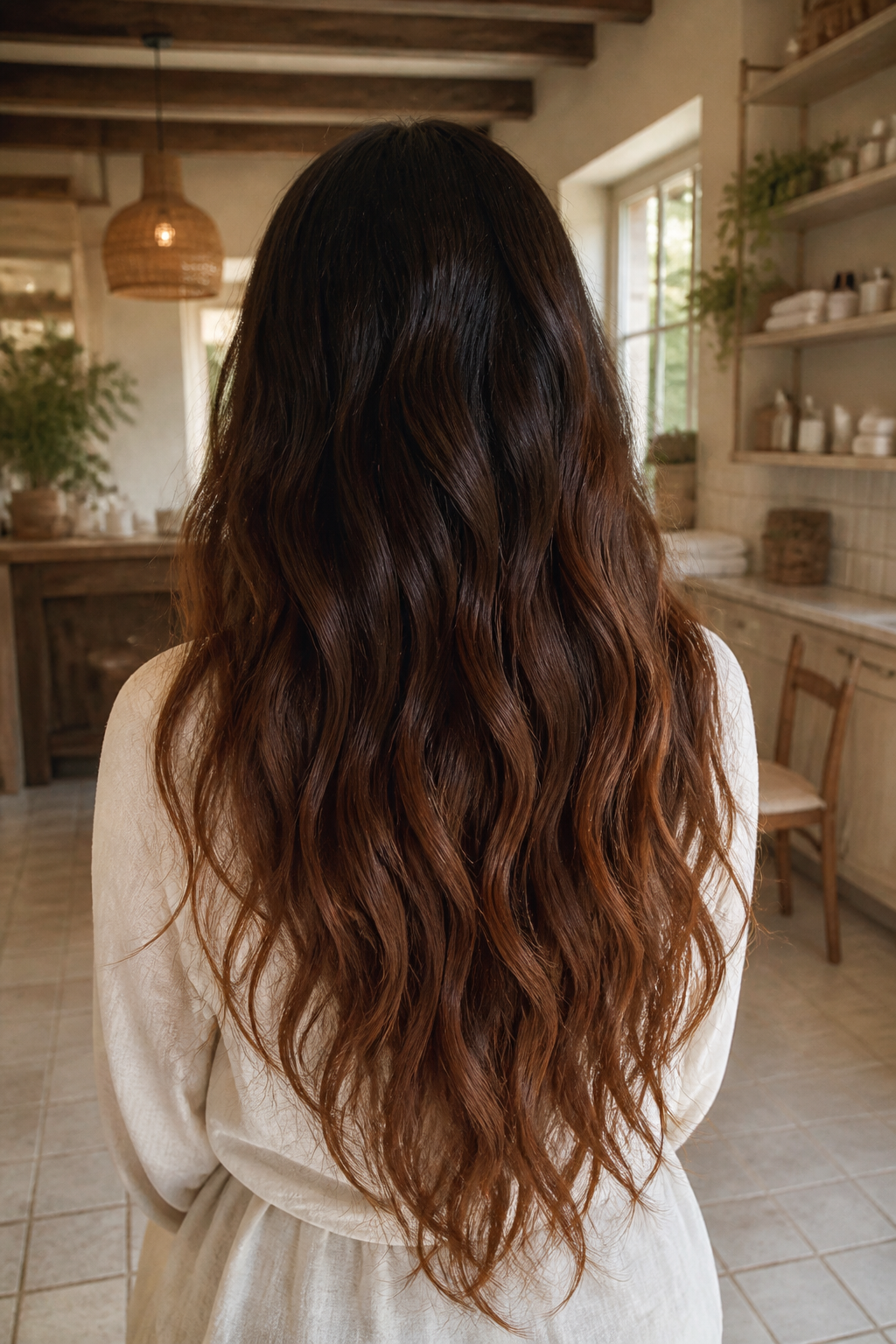 Long espresso hair with soft auburn balayage