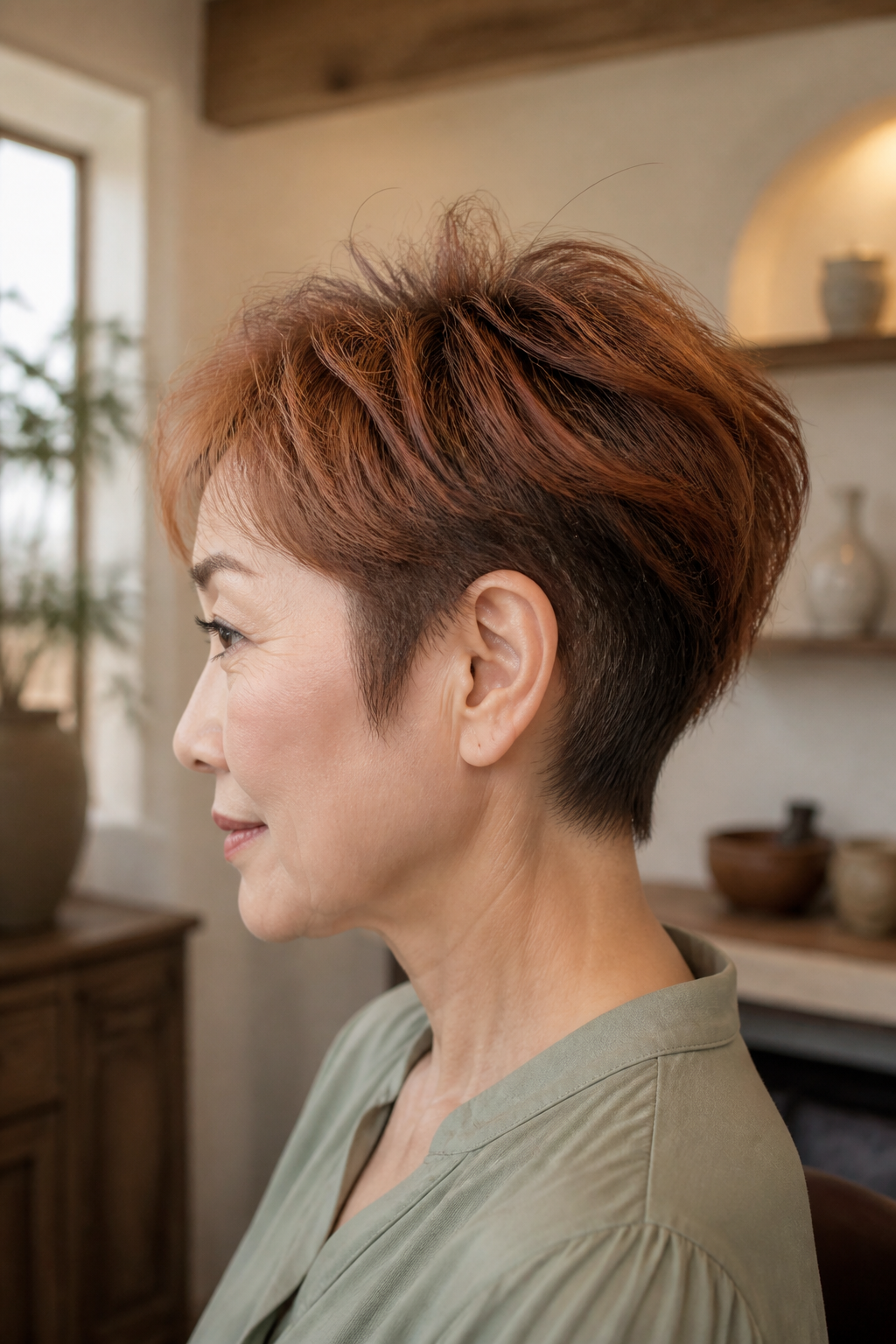 Textured muted auburn pixie with deep brown nape