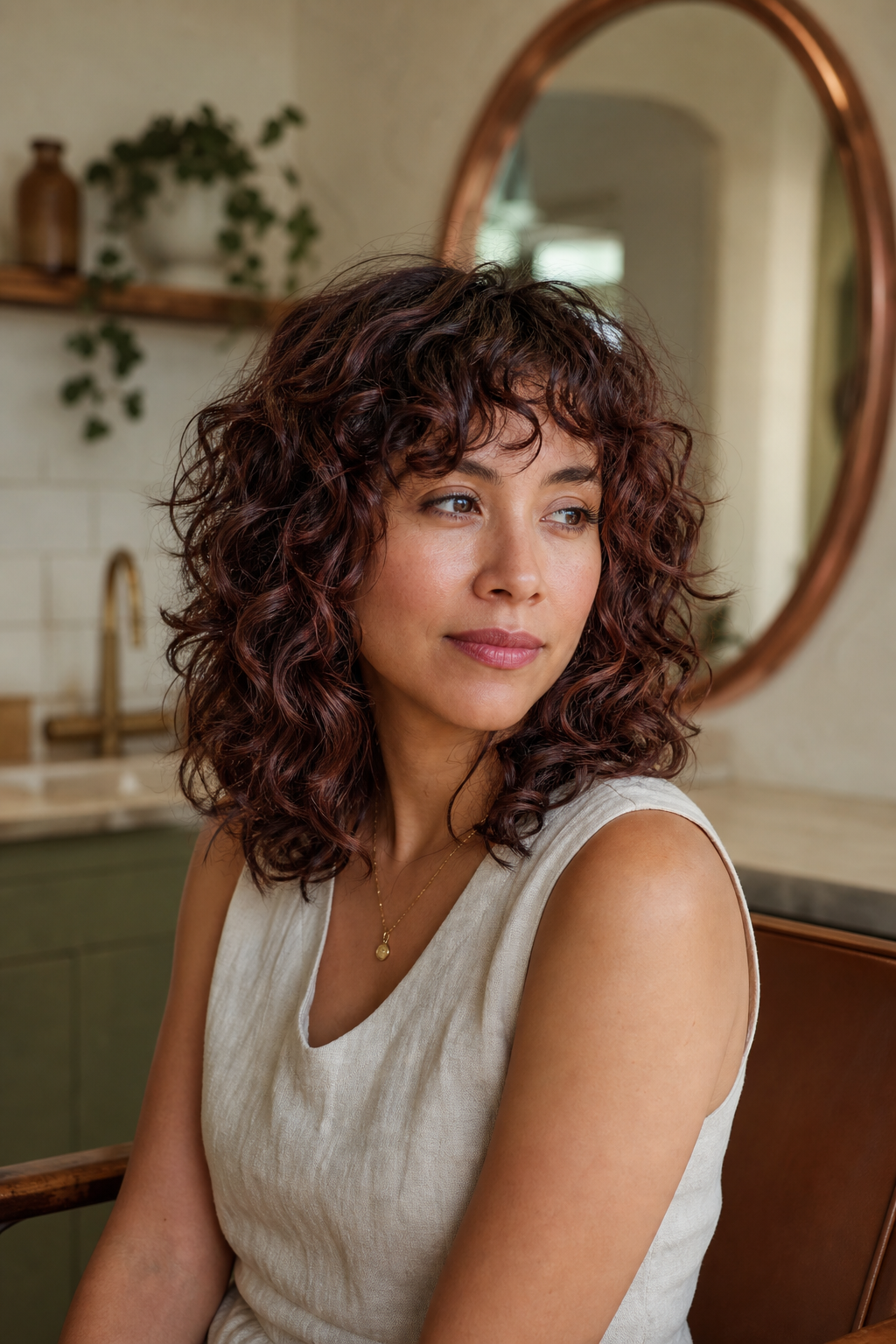 Plum auburn curly shag with airy fringe