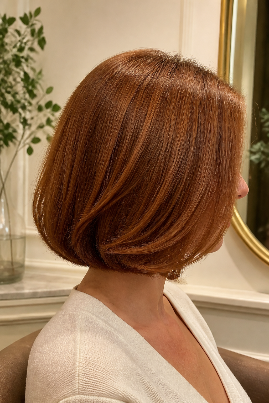Old Money Copper hairstyle shown in a realistic hair-focused editorial view