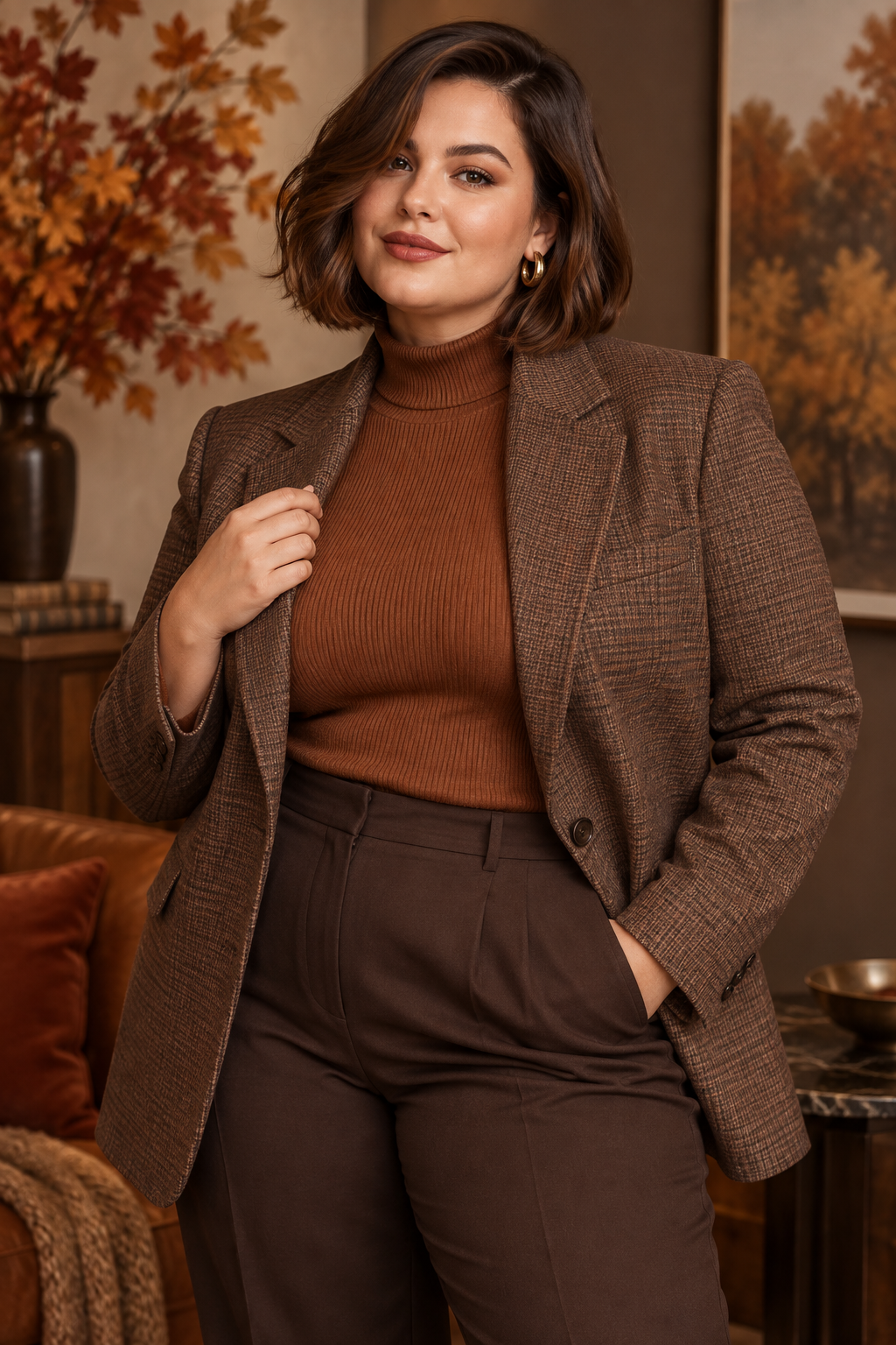 fall bob hairstyles for plus size women: glossy chocolate brunette bob